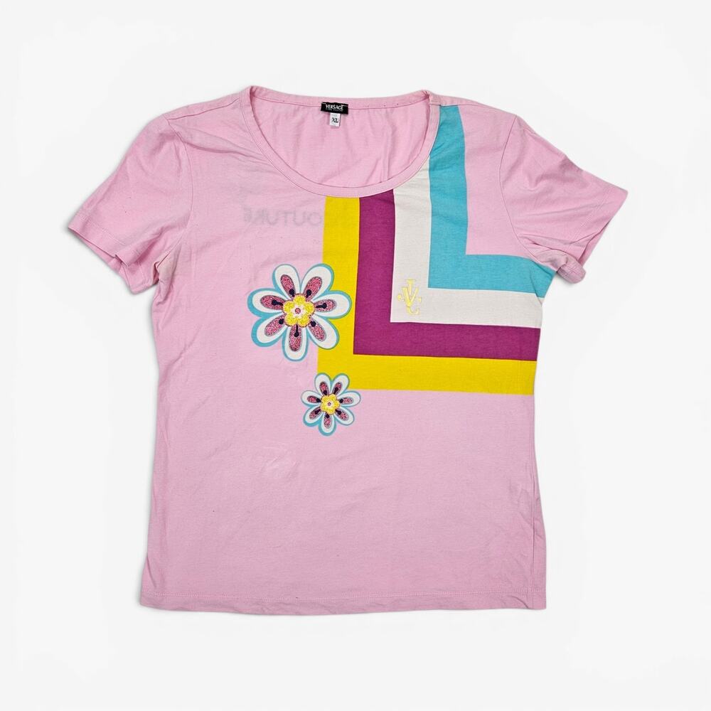 Y2k Versace Jeans Couture Top Baby Tee Pink Embellished - Size XL